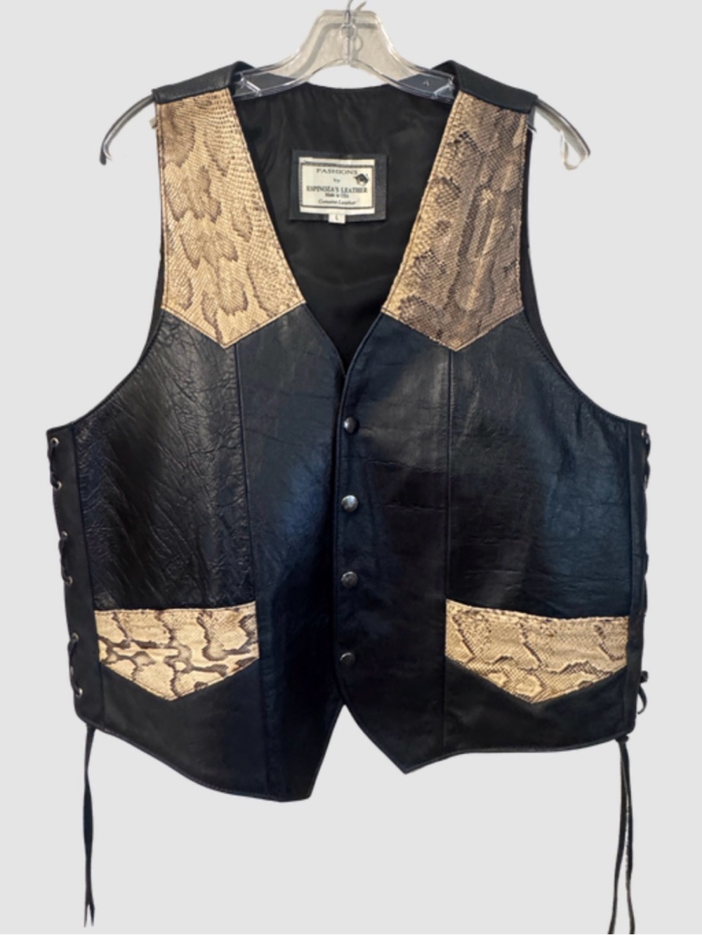 Espinoza’s Leather Vest with snakeskin, laced side biker club vest sz L mens USA